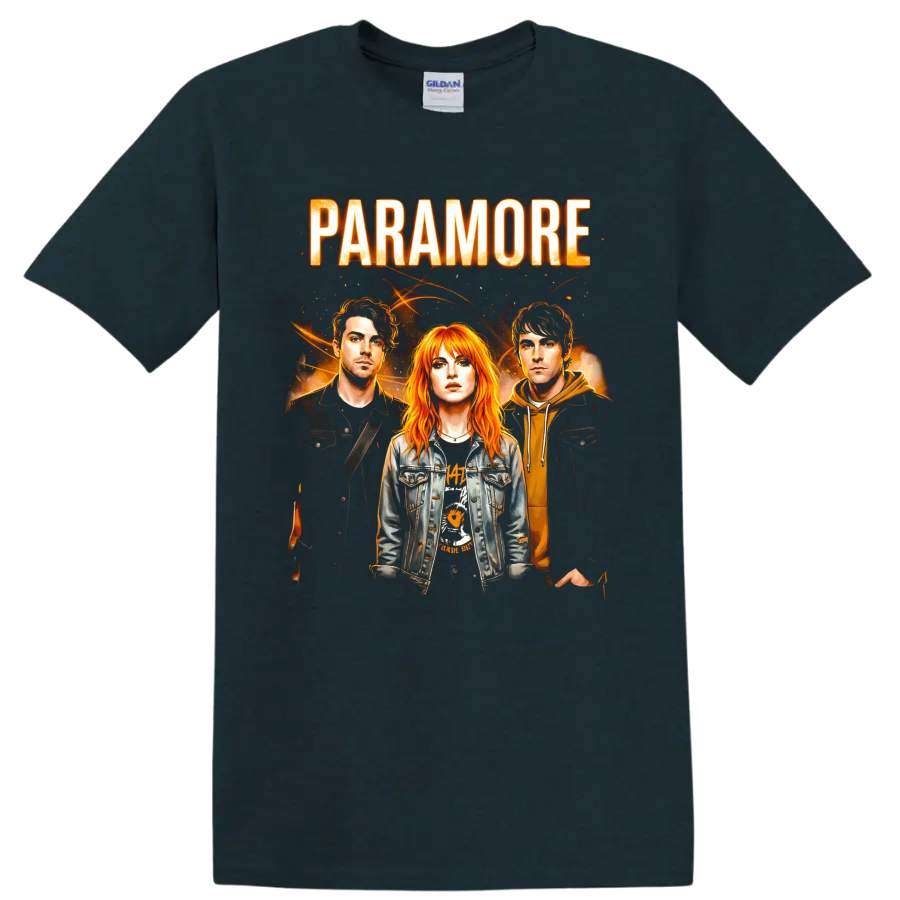 Paramore band portrait graphic with bold lettering and fiery orange concert-poster style on a Midnight (Green) T Shirt