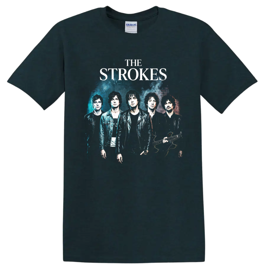 The Strokes distressed indie rock band poster graphic on a Midnight (Green) T Shirt