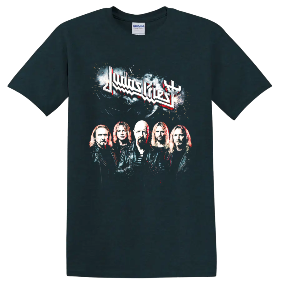Judas Priest heavy metal band logo and portrait graphic print on a Midnight (Green) T Shirt