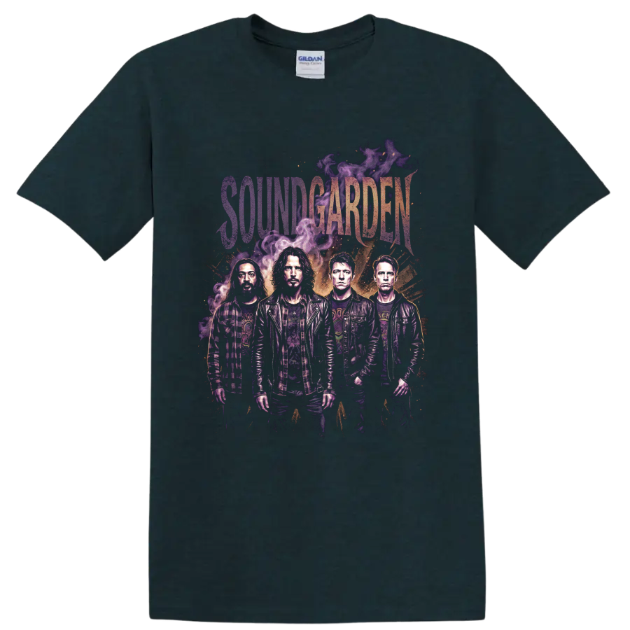 Soundgarden grunge band portrait with purple smoke and distressed lettering on a Midnight (Green) T Shirt