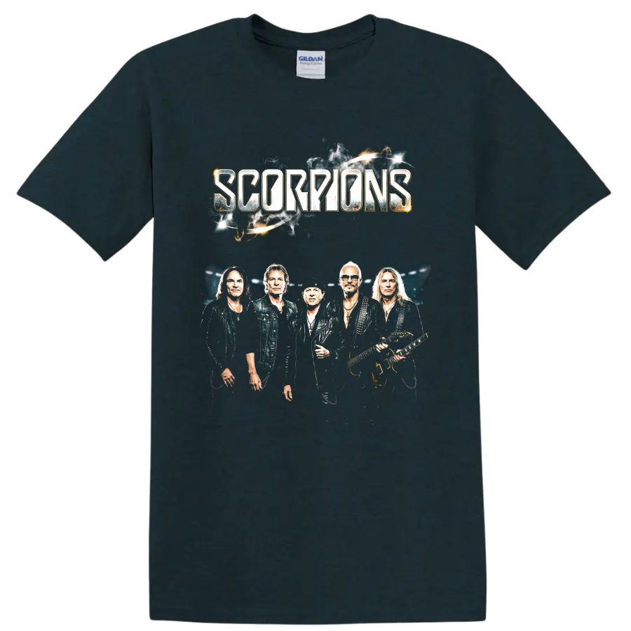 Scorpions band member portrait with guitars and distressed lettering on a Midnight (Green) T Shirt