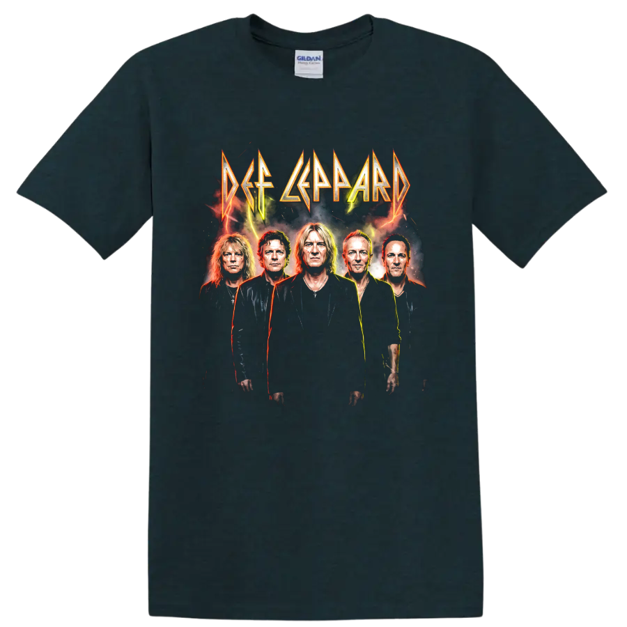 Def Leppard five-member portrait with angular lettering and lightning graphic on a Midnight (Green) T Shirt