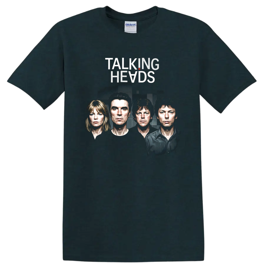 Talking Heads rock poster art with four illustrated portraits on a Midnight (Green) T Shirt
