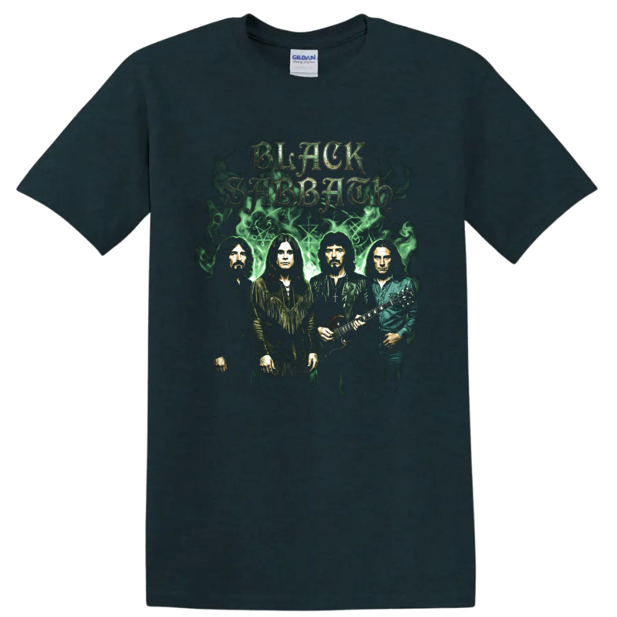 Black Sabbath band portraits with gothic lettering and green smoke on a Midnight (Green) T Shirt