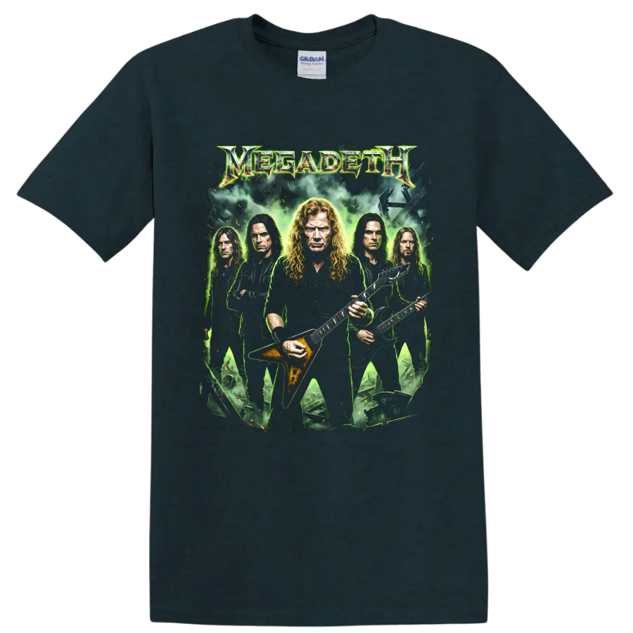 Megadeth Dave Mustaine thrash metal band graphic with logo on a Midnight (Green) T Shirt