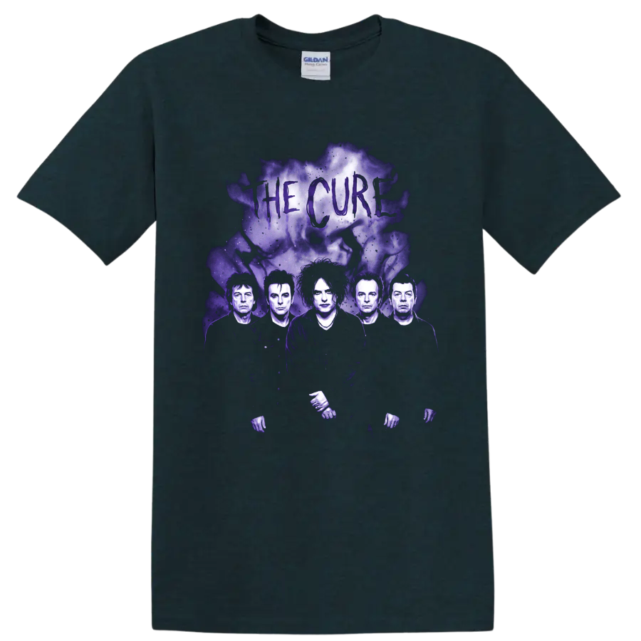 The Cure Robert Smith gothic rock band portrait with purple smoke on a Midnight (Green) T Shirt