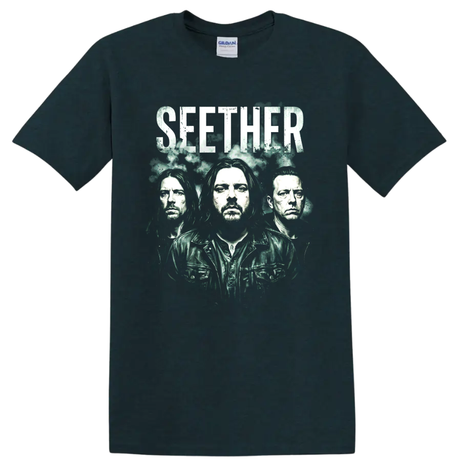 Seether alternative rock band portrait graphic with distressed SEETHER text on a Midnight (Green) T Shirt