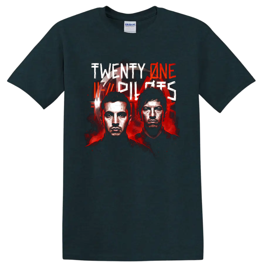 Twenty One Pilots alternative rock poster graphic with two illustrated portraits on a Midnight (Green) T Shirt