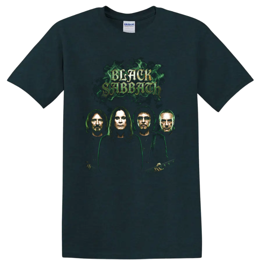 Black Sabbath Bloody Sabbath-inspired gothic band portrait graphic with green smoke on a Midnight (Green) T Shirt