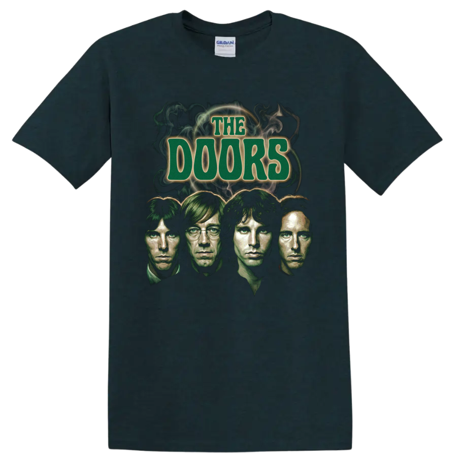 The Doors psychedelic rock graphic with four portraits and smoke on a Midnight (Green) T Shirt