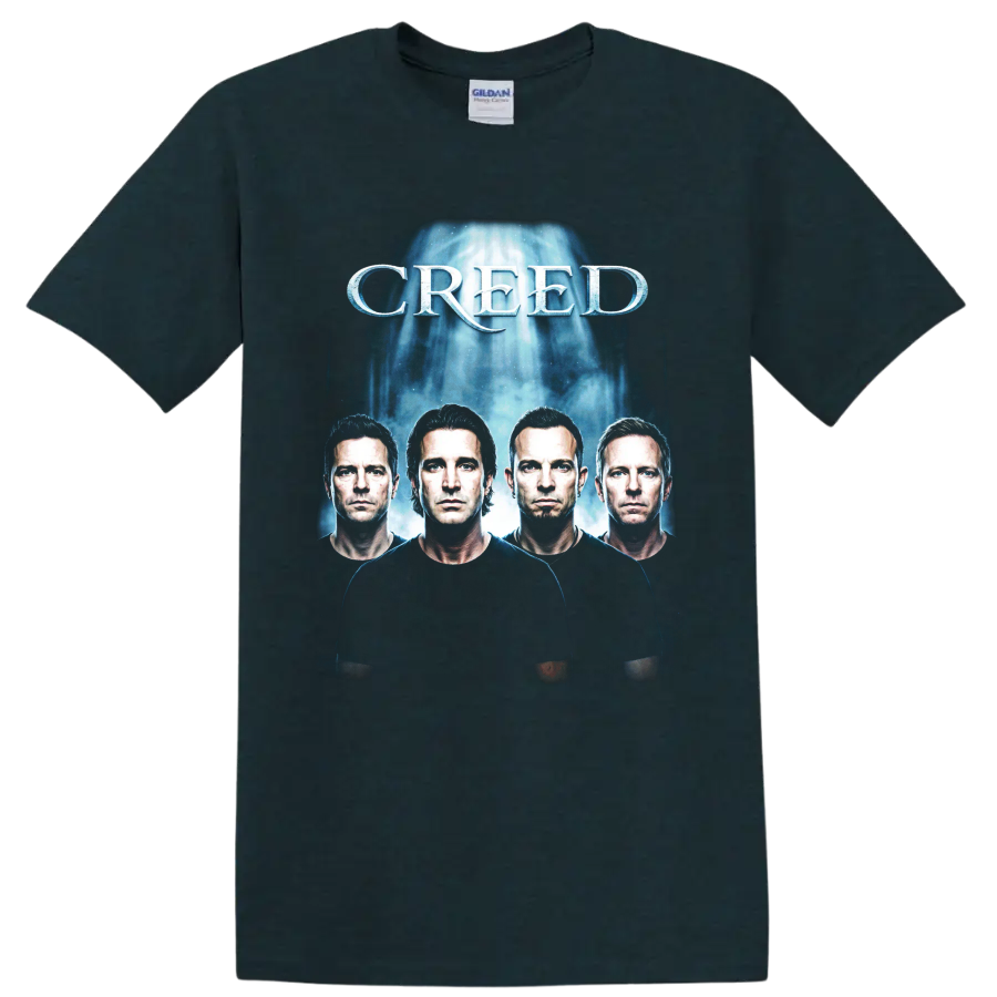 Creed post-grunge band portrait graphic with bold white lettering on a Midnight (Green) T Shirt