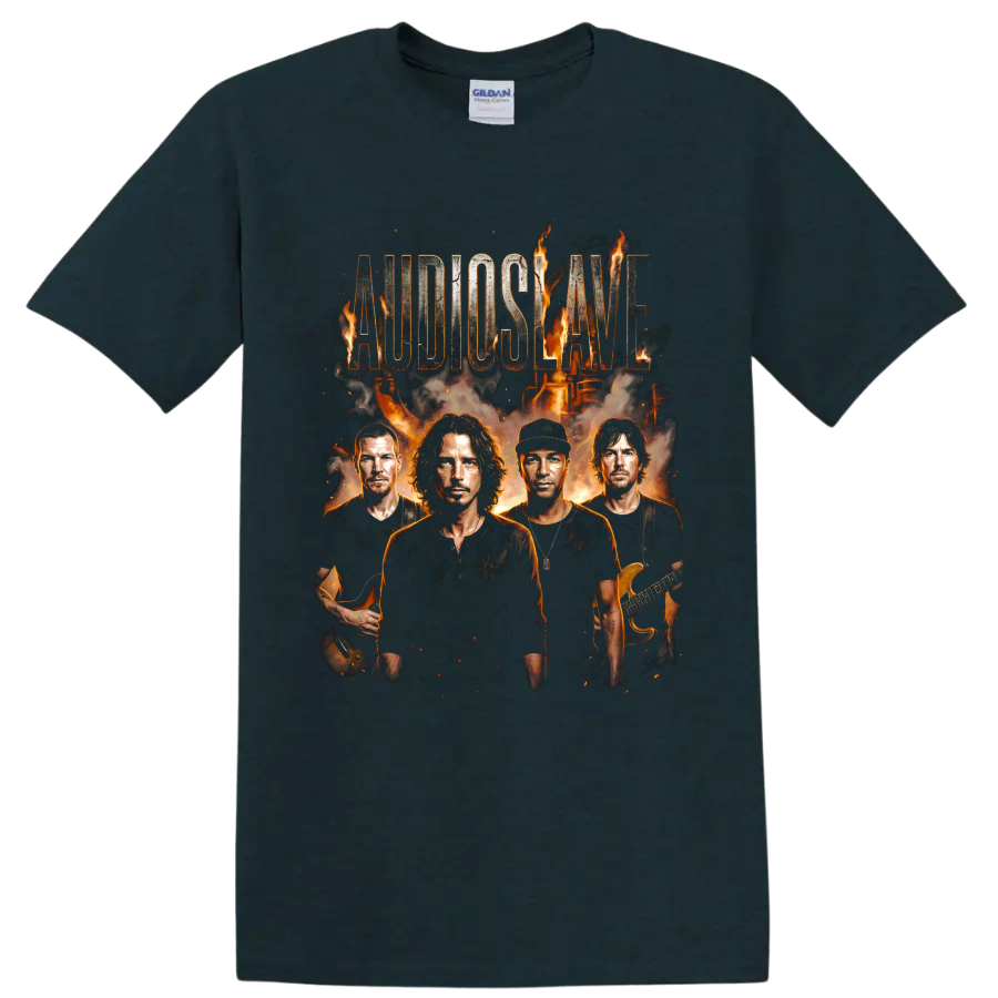 Audioslave rock band portrait graphic with flames, guitars, and distressed lettering on a Midnight (Green) T Shirt