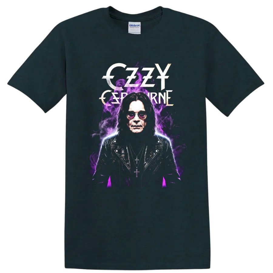 Ozzy Osbourne Black Sabbath portrait with purple smoke and gothic lettering on a Midnight (Green) T Shirt
