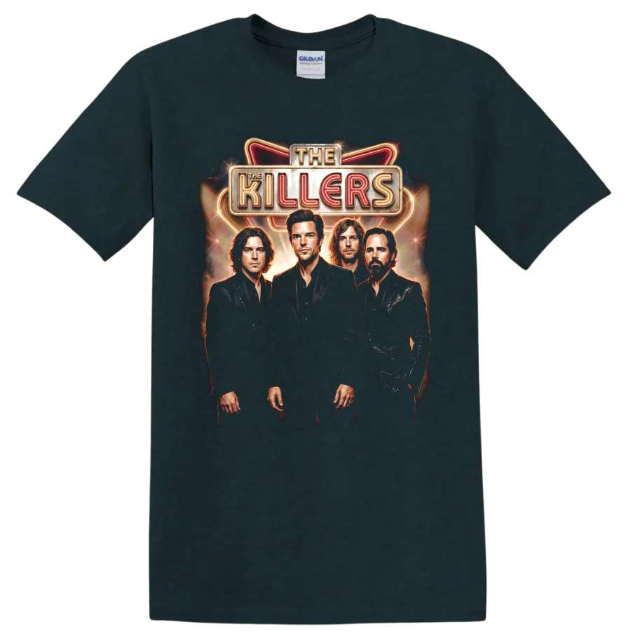 The Killers Battle Born neon marquee band portrait graphic on a Midnight (Green) T Shirt