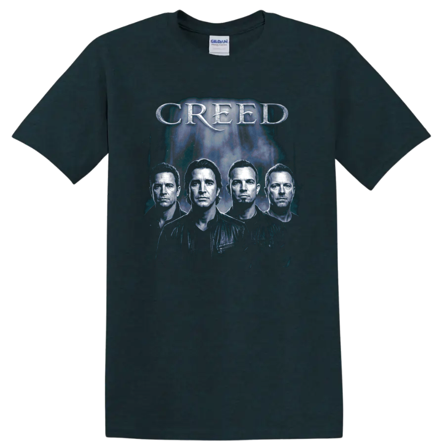 Creed band portrait graphic with metallic CREED lettering on a Midnight (Green) T Shirt