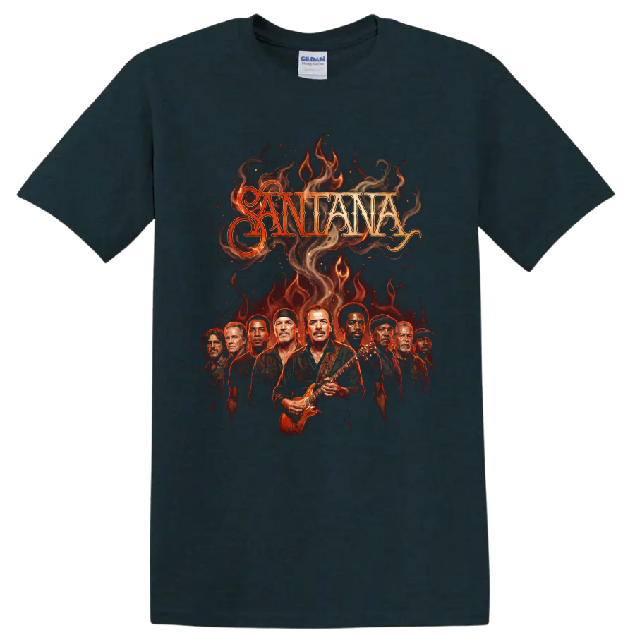 Santana Carlos Santana fiery Latin rock guitar performance graphic on a Midnight (Green) T Shirt