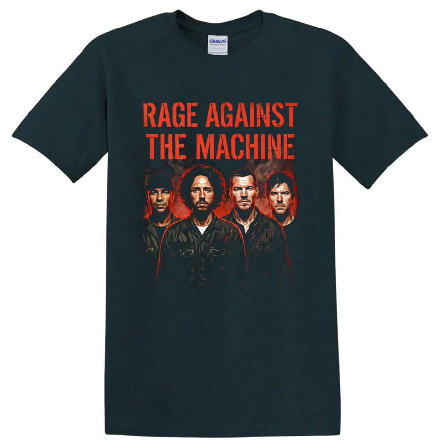 Rage Against the Machine vintage 1999 poster with four portraits and red text on a Midnight (Green) T Shirt