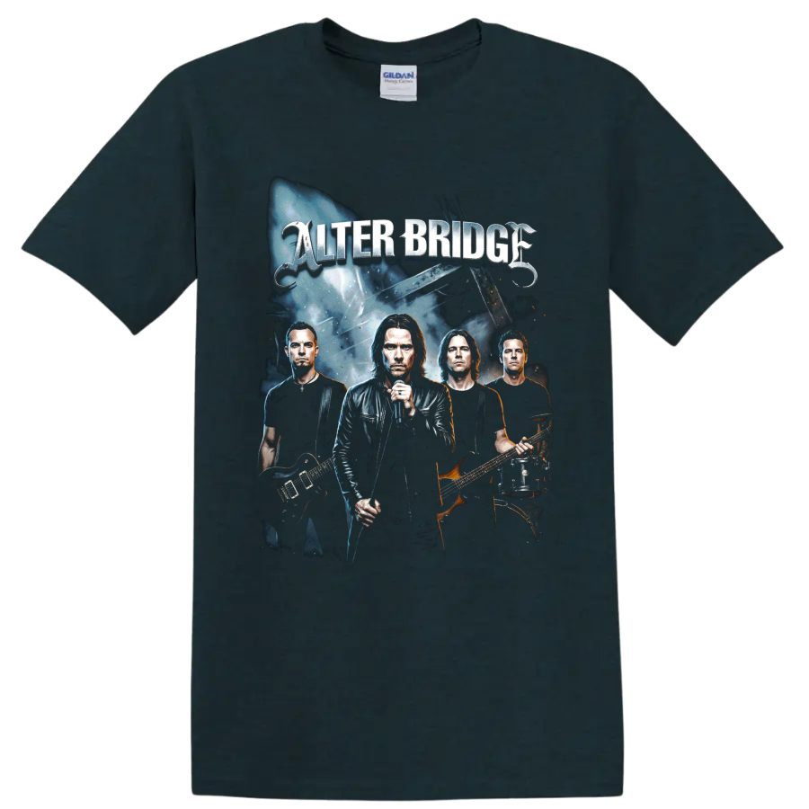 Alter Bridge band portrait rock graphic with vocalist and guitars on a Midnight (Green) T Shirt