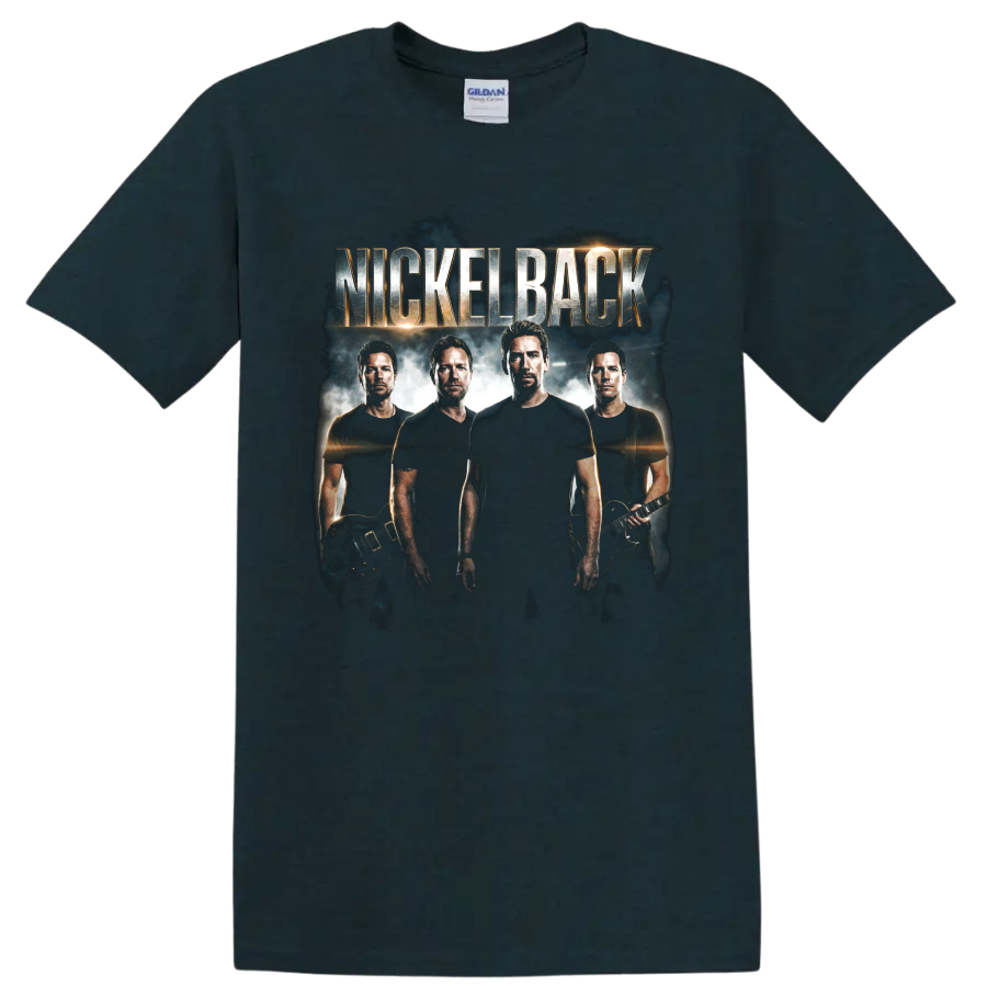Ryan Peake Nickelback rock band portrait with guitars and NICKELBACK text on a Midnight (Green) T Shirt