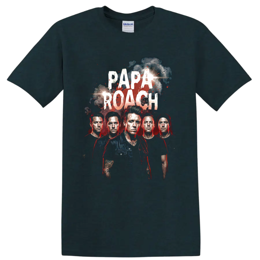 Papa Roach distressed rock band portrait graphic with bold lettering on a Midnight (Green) T Shirt