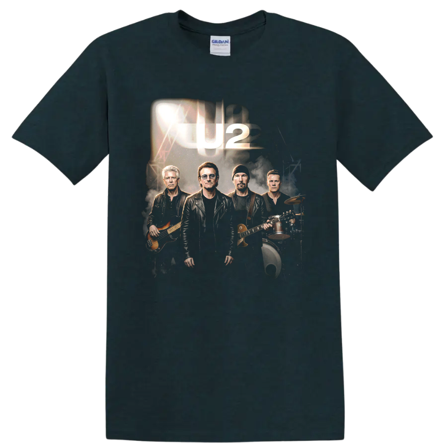 U2 Bono band portrait graphic with guitar, bass, drums, and U2 lettering on a Midnight (Green) T Shirt
