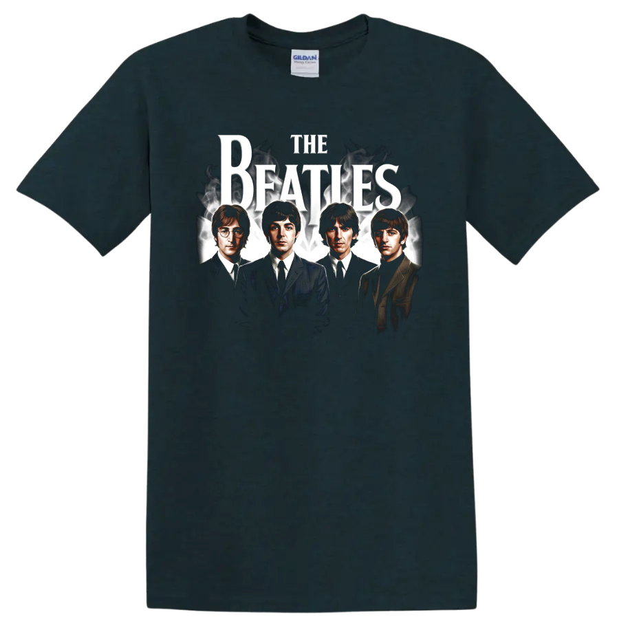 The Beatles classic rock portrait graphic with bold distressed lettering on a Midnight (Green) T Shirt