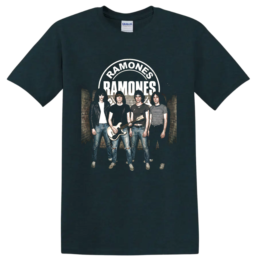 Ramones Road to Ruin distressed punk rock band graphic with arched lettering on a Midnight (Green) T Shirt