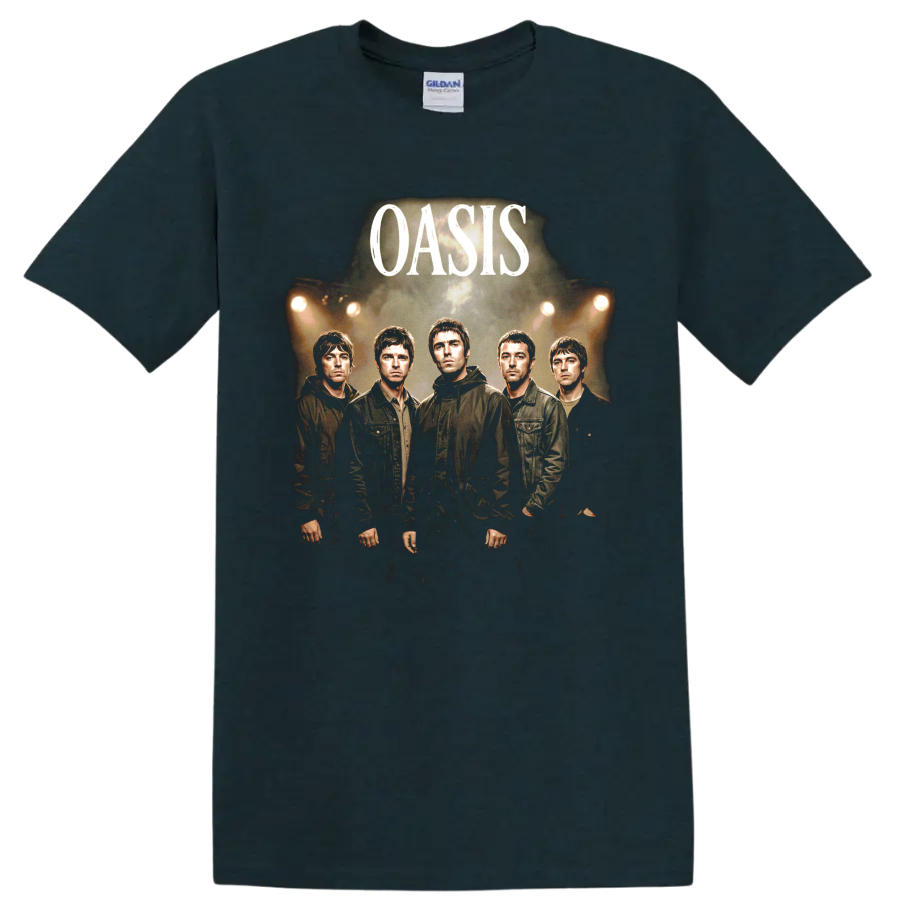 Oasis band portrait graphic with bold Oasis text and concert lighting on a Midnight (Green) T Shirt