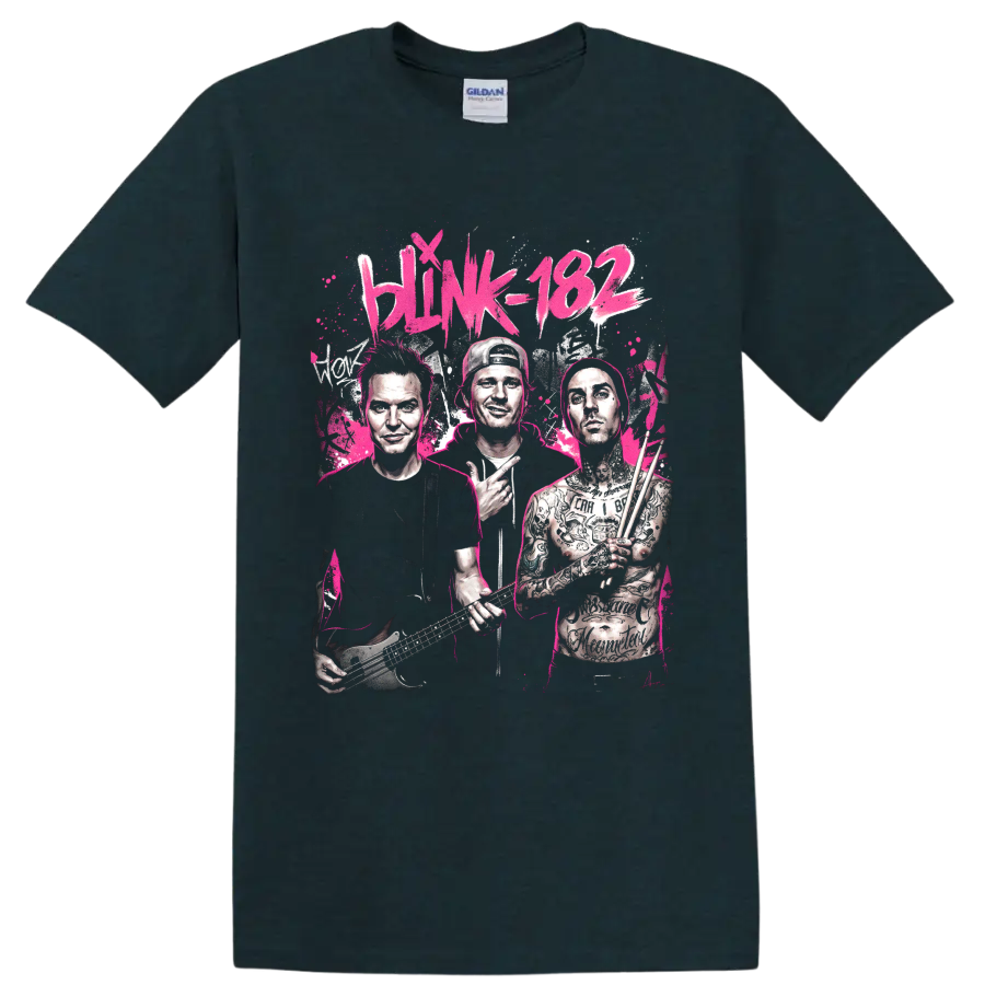 Blink-182 Mark Hoppus, Tom DeLonge and Travis Barker pop art graphic print on a Midnight (Green) T Shirt