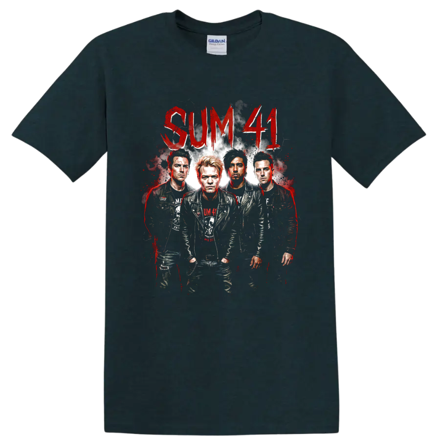 Sum 41 distressed punk rock band portrait with red lettering on a Midnight (Green) T Shirt
