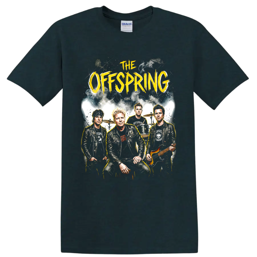 The Offspring punk rock band portrait graphic with yellow lettering on a Midnight (Green) T Shirt
