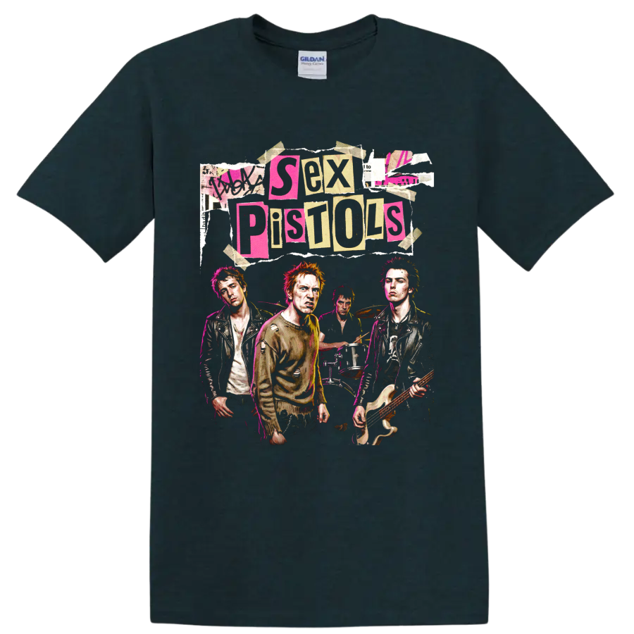 Sex Pistols distressed punk band collage graphic with torn-paper lettering on a Midnight (Green) T Shirt