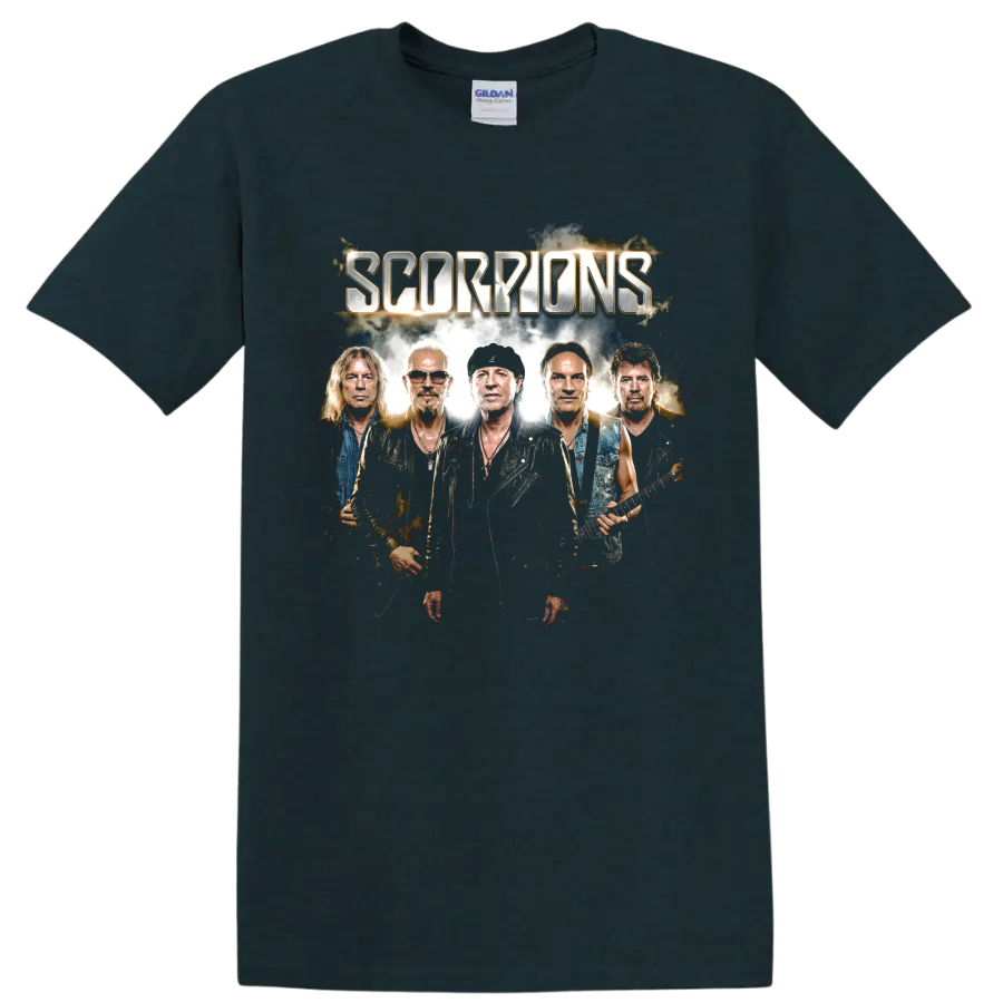 Scorpions band portrait with metallic lettering and electric guitars on a Midnight (Green) T Shirt