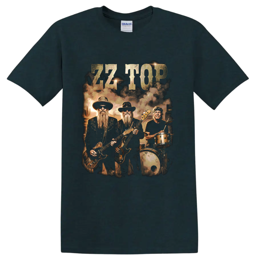 ZZ Top classic lineup vintage rock band graphic with guitars and drums on a Midnight (Green) T Shirt