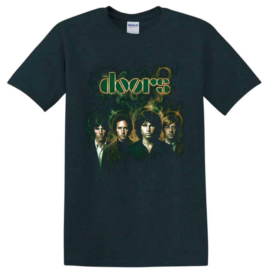 The Doors band portrait with psychedelic green smoke and logo lettering on a Midnight (Green) T Shirt