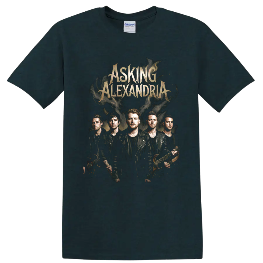 Asking Alexandria band portrait with gothic lettering and smoky rock artwork on a Midnight (Green) T Shirt