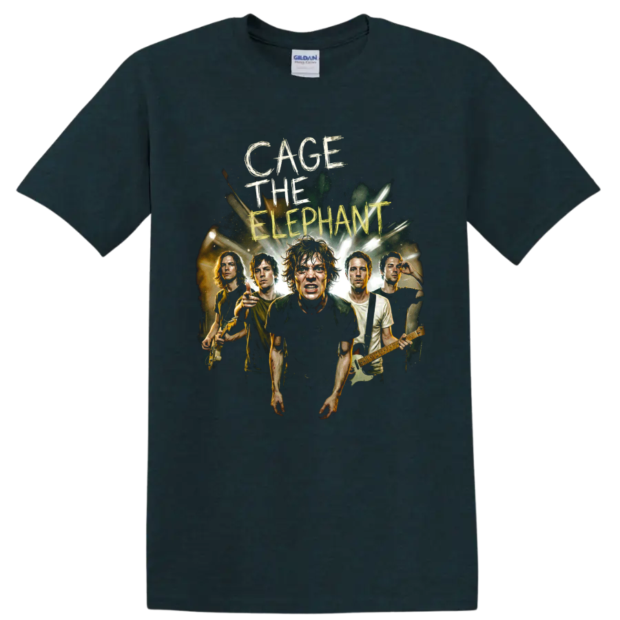 Cage the Elephant band poster with musicians, guitars, and stage lights on a Midnight (Green) T Shirt