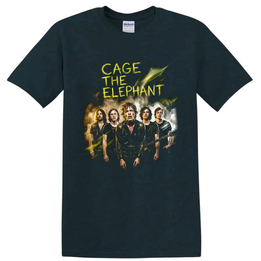 Cage the Elephant indie rock band portrait with distressed yellow lettering on a Midnight (Green) T Shirt
