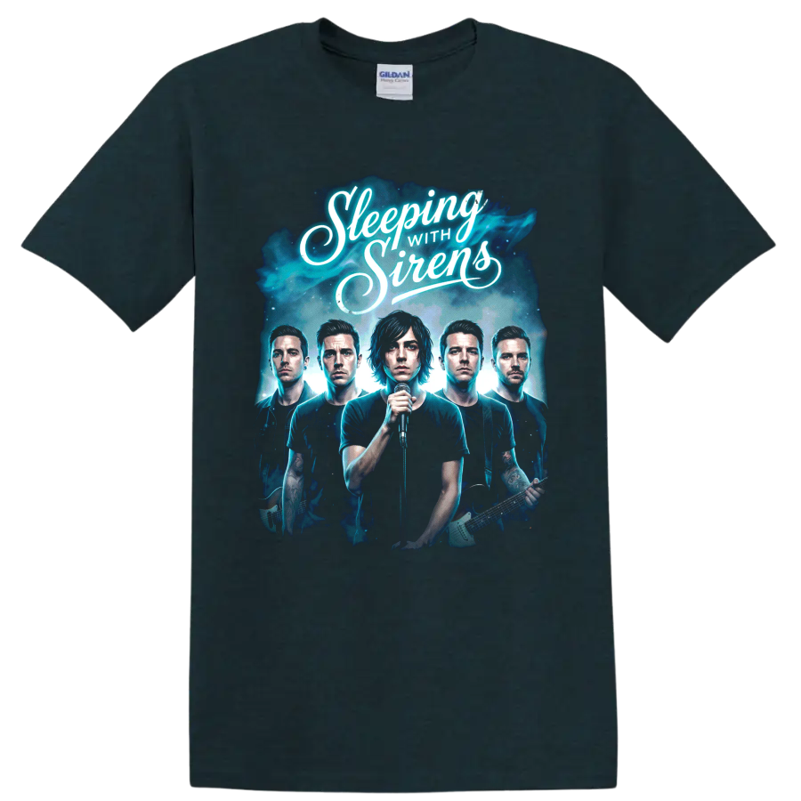 Sleeping With Sirens post-hardcore band portrait graphic with script lettering on a Midnight (Green) T Shirt