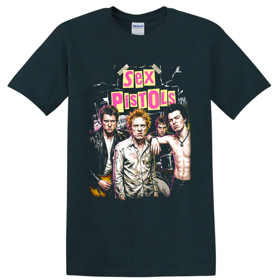 Sex Pistols punk rock collage graphic with band portraits and poster lettering on a Midnight (Green) T Shirt