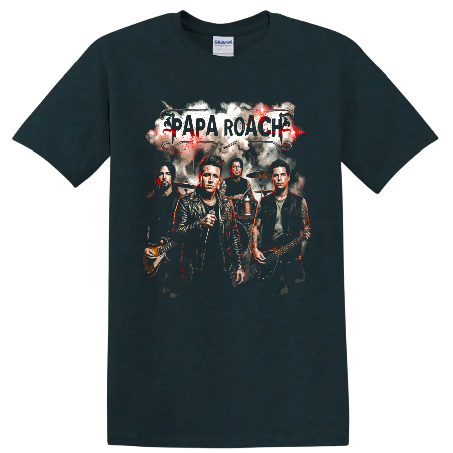 Papa Roach rock band poster with vocalist, guitars, drums, and grunge lettering on a Midnight (Green) T Shirt