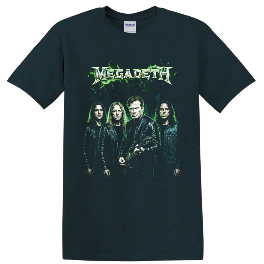 Megadeth Dave Mustaine band portrait with guitar and green smoke graphic on a Midnight (Green) T Shirt