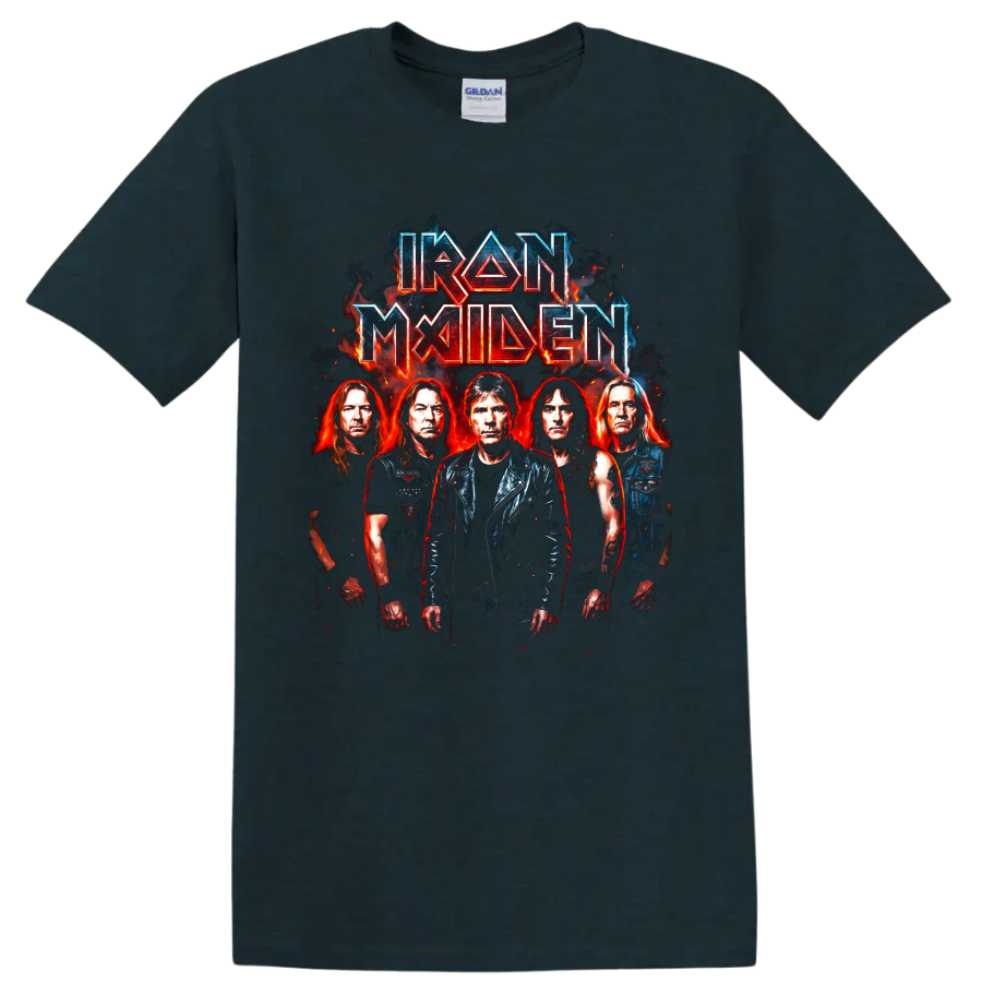 Iron Maiden heavy metal band portrait artwork with fiery angular lettering on a Midnight (Green) T Shirt