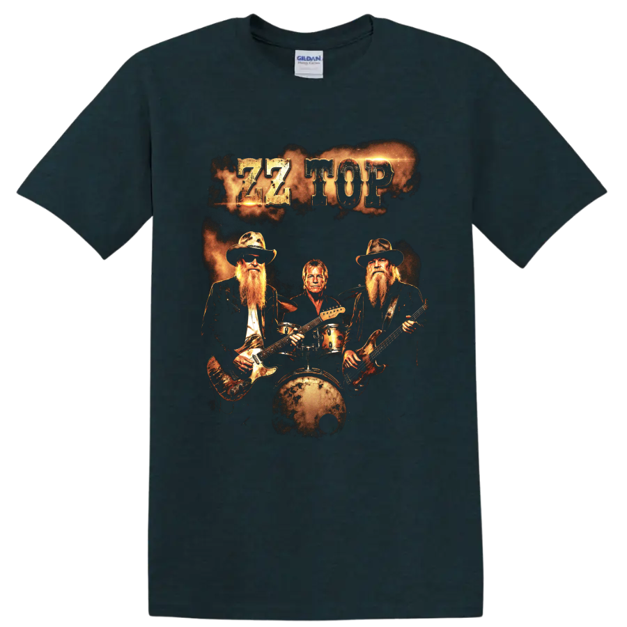ZZ Top rock band graphic with guitars, drummer, and distressed gold lettering on a Midnight (Green) T Shirt