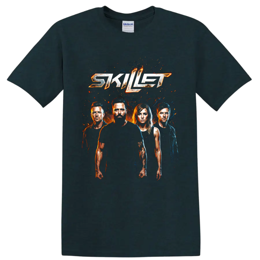 Skillet logo with four band portraits and fiery rock graphic on a Midnight (Green) T Shirt