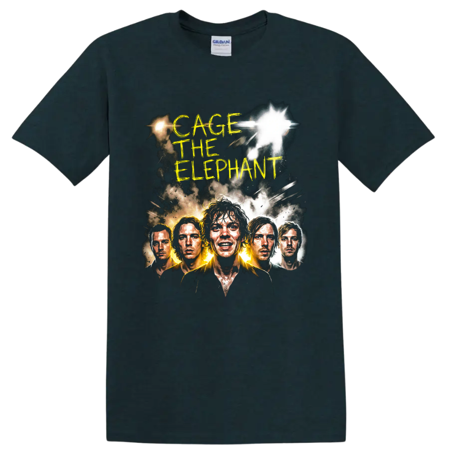 Cage the Elephant alternative rock band portrait graphic with yellow lettering on a Midnight (Green) T Shirt