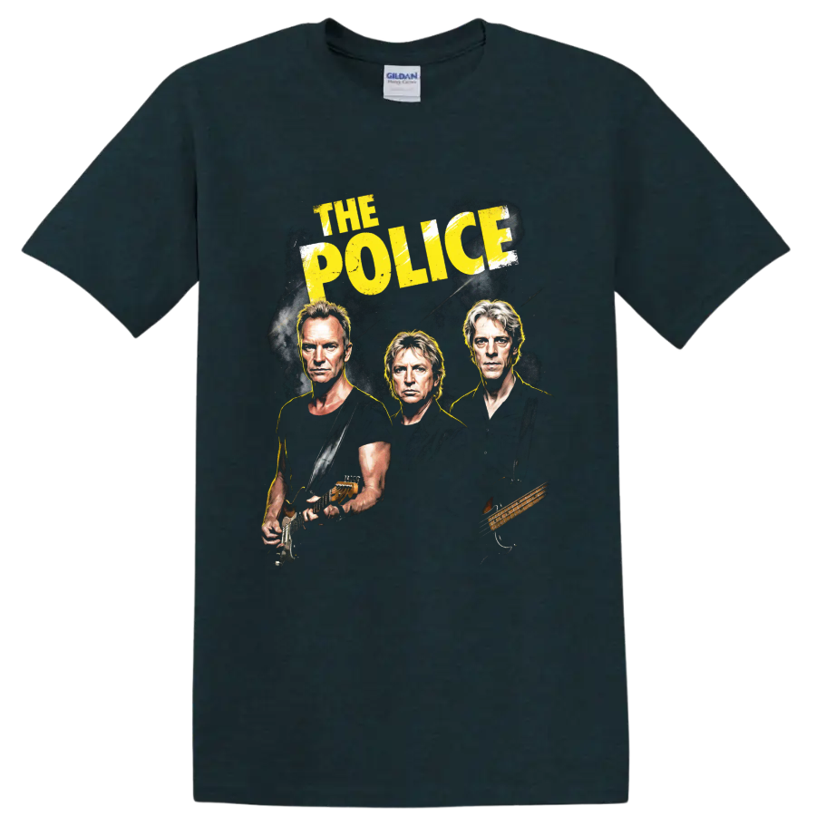 The Police rock band graphic with portraits, guitar, bass, and yellow text on a Midnight (Green) T Shirt
