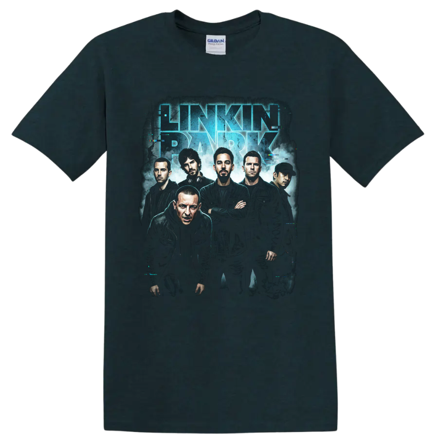 Linkin Park band poster with blue lettering and glitch effects on a Midnight (Green) T Shirt