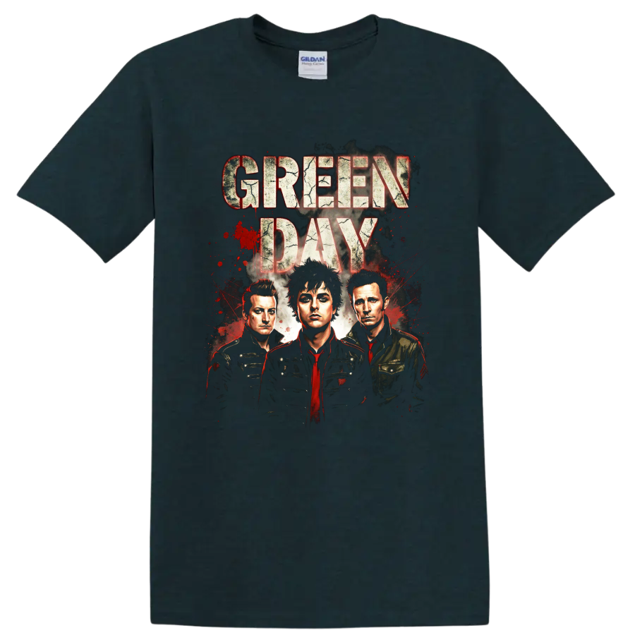 Green Day American Idiot era distressed band portrait graphic print on a Midnight (Green) T Shirt
