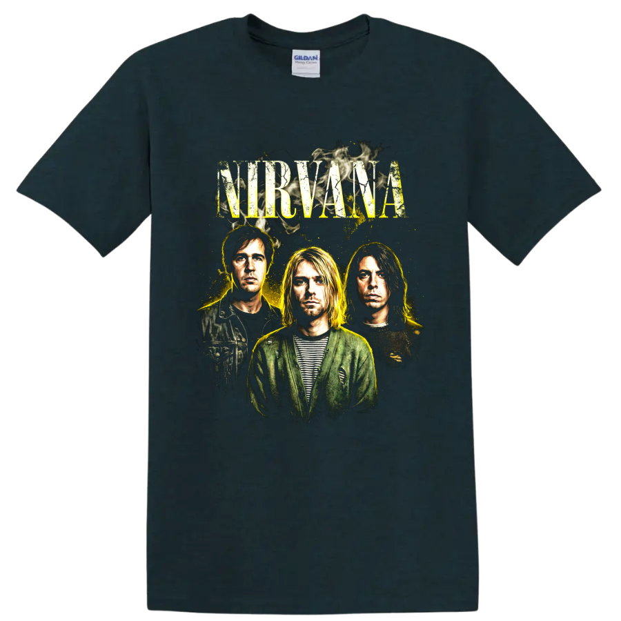 Kurt Cobain Nirvana distressed 1990s grunge band portrait on a Midnight (Green) T Shirt